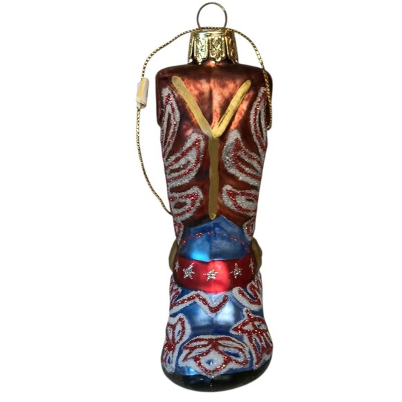 Cowboy Boot Christmas Ornament Blown Glass Brown Blue Red White Western 4x3 - Picture 2 of 8